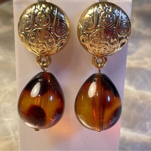 Vintage Faux Amber Gold Tone Chunky Statement Drop Pierced Earrings